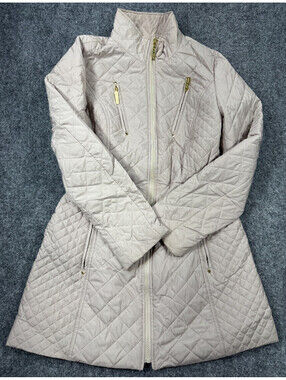 Betsey Johnson Womens Mimi Jacket Small Beige Mock Neck Full Zip Quilted Jacket